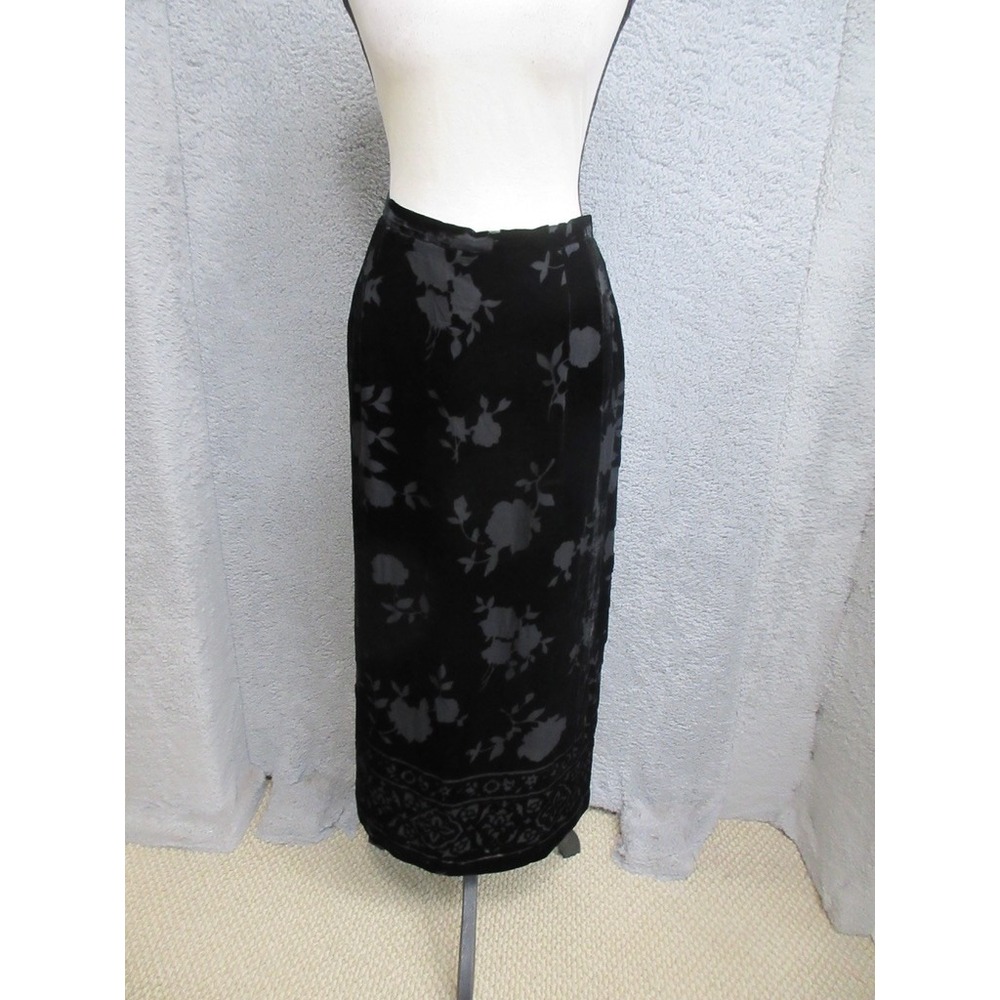 Vintage Talbots Velvet Burnout Skirt 14 Black Silk Floral Midi Whimsigoth Gothic